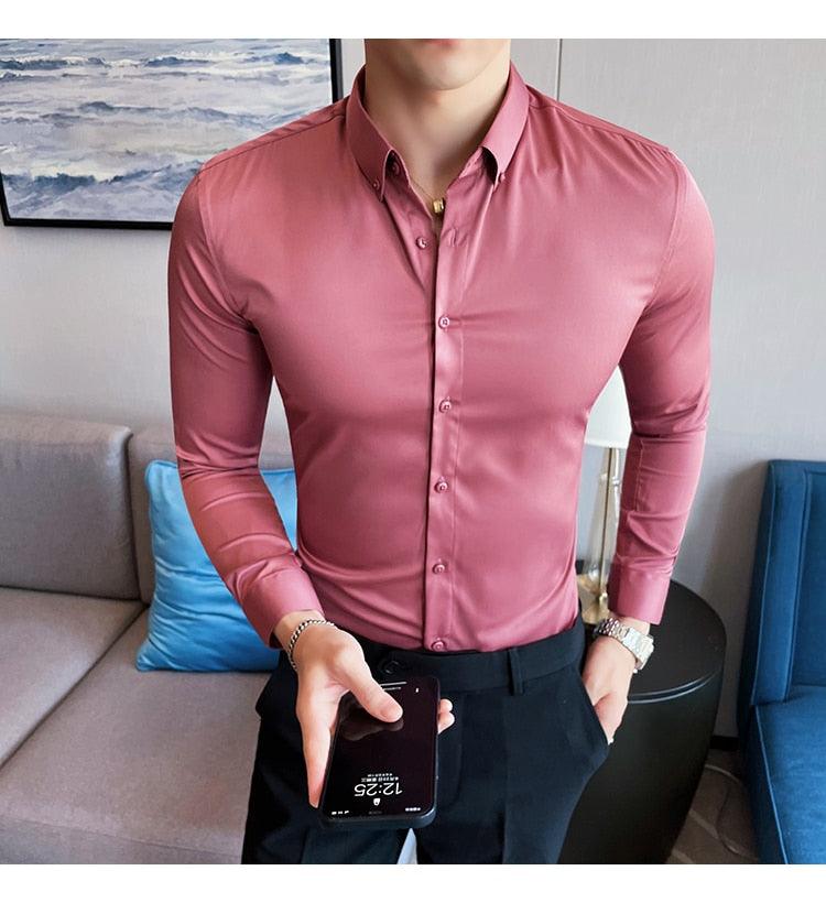 Plus Size 5XL-M British Style Solid Long Sleeve Shirt Men Clothing Simple Slim Fit Business Casual Chemise Homme Formal Wear Hot - Shoppstore
