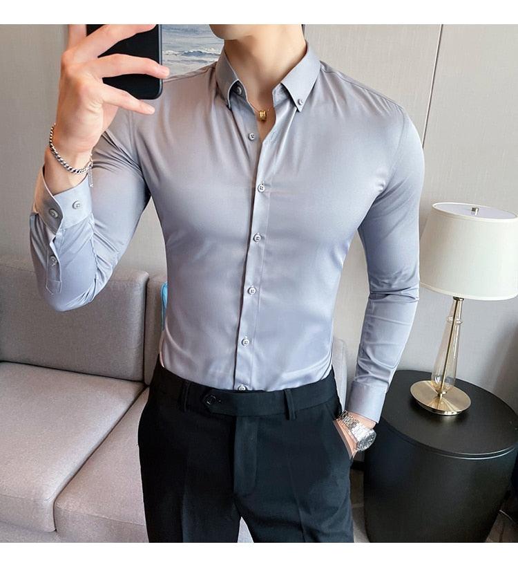 Plus Size 5XL-M British Style Solid Long Sleeve Shirt Men Clothing Simple Slim Fit Business Casual Chemise Homme Formal Wear Hot - Shoppstore