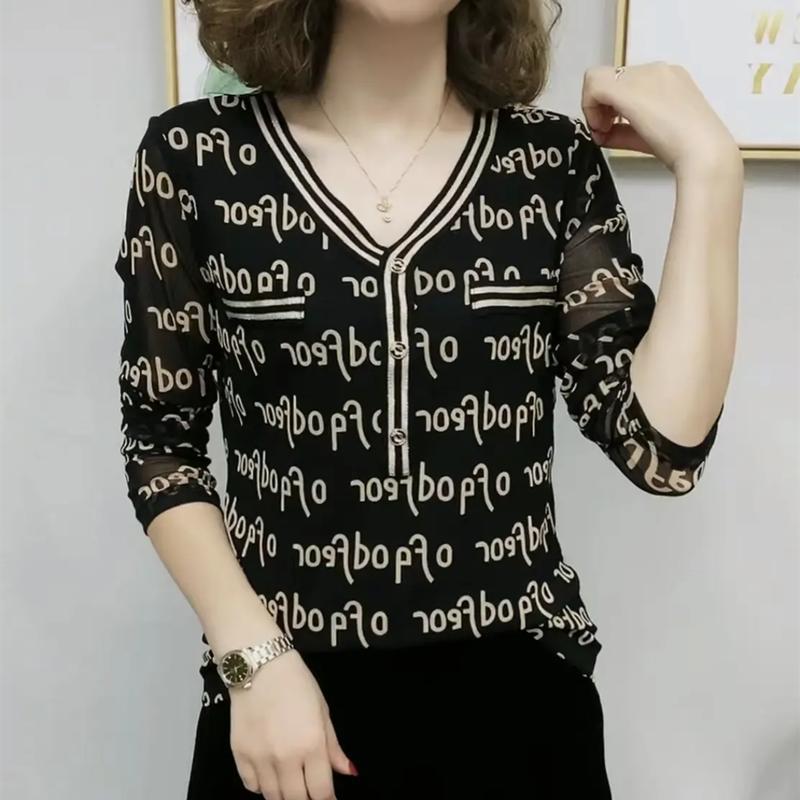 Blusa Coreano Estampada Vintage, Casual com Decote em V