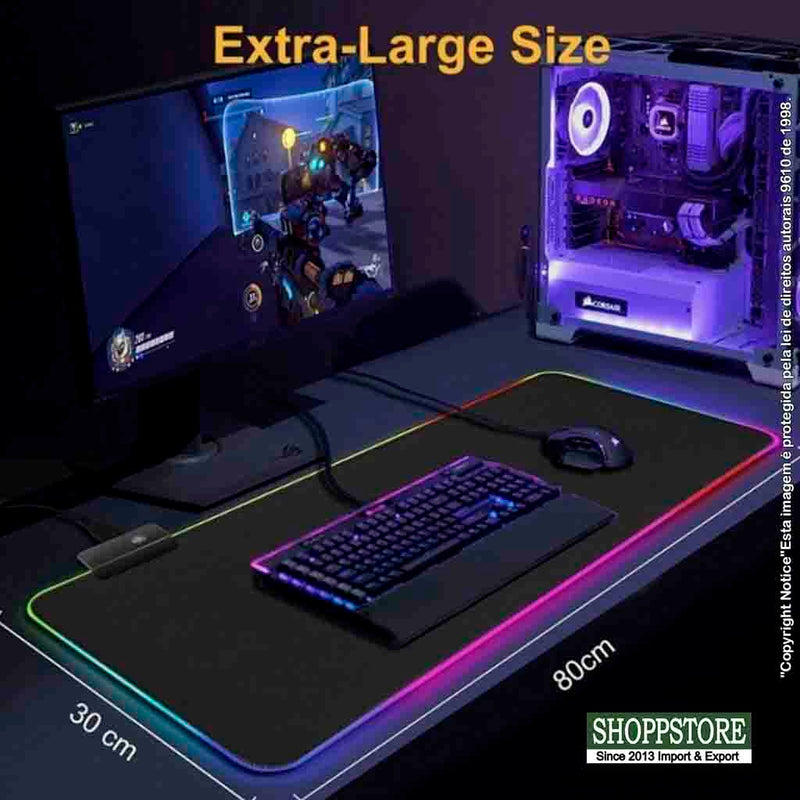 Mouse Pad Gamer Led RGB 7Cores Super Large 80x30cm Ø 4mm USB - Shoppstore